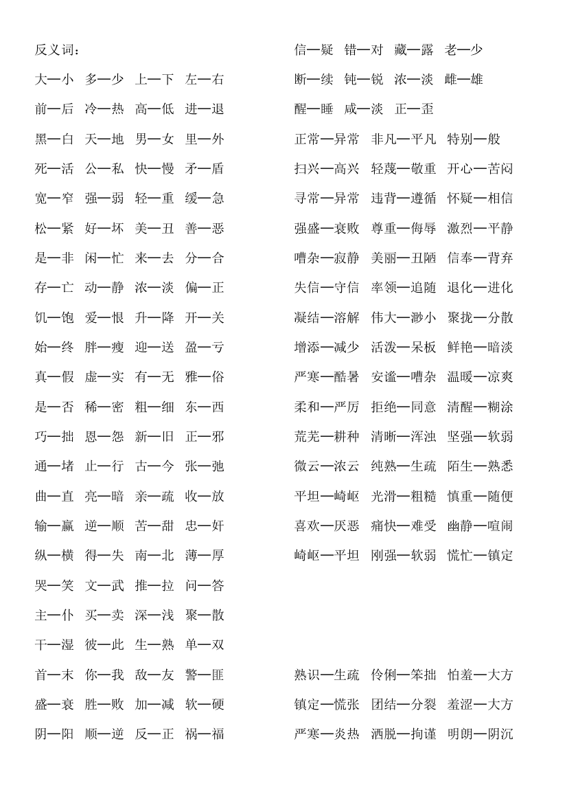 (完整word版)小学一、二年级下反义词、近义词汇总