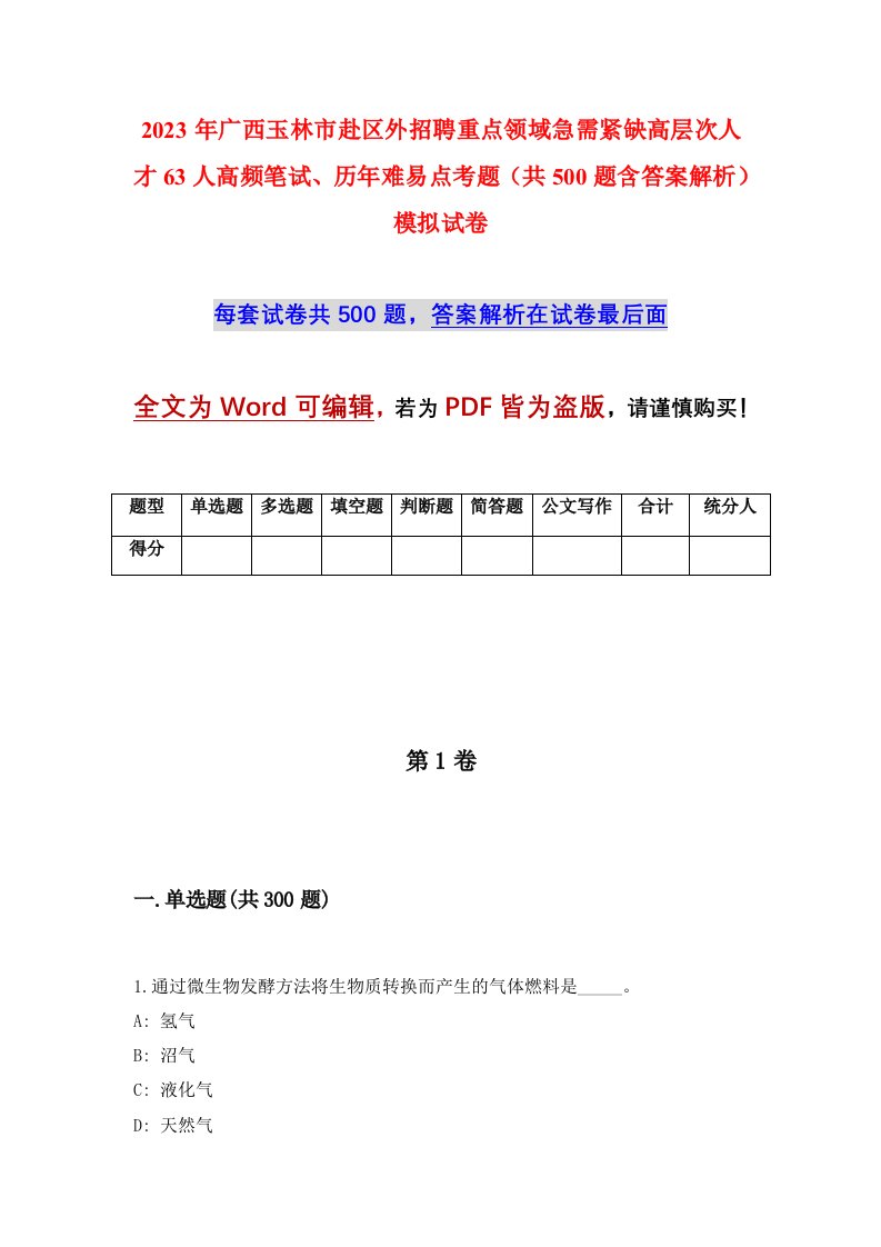 2023年广西玉林市赴区外招聘重点领域急需紧缺高层次人才63人高频笔试历年难易点考题共500题含答案解析模拟试卷