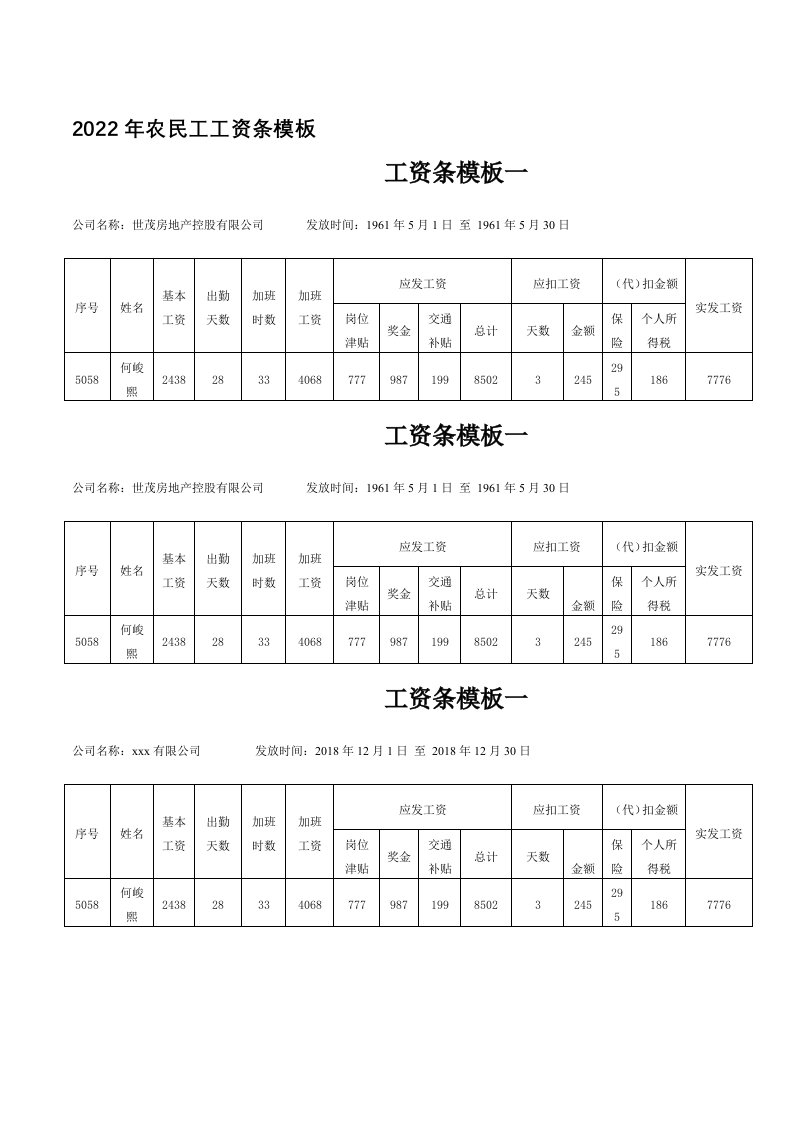 2022年农民工工资条模板