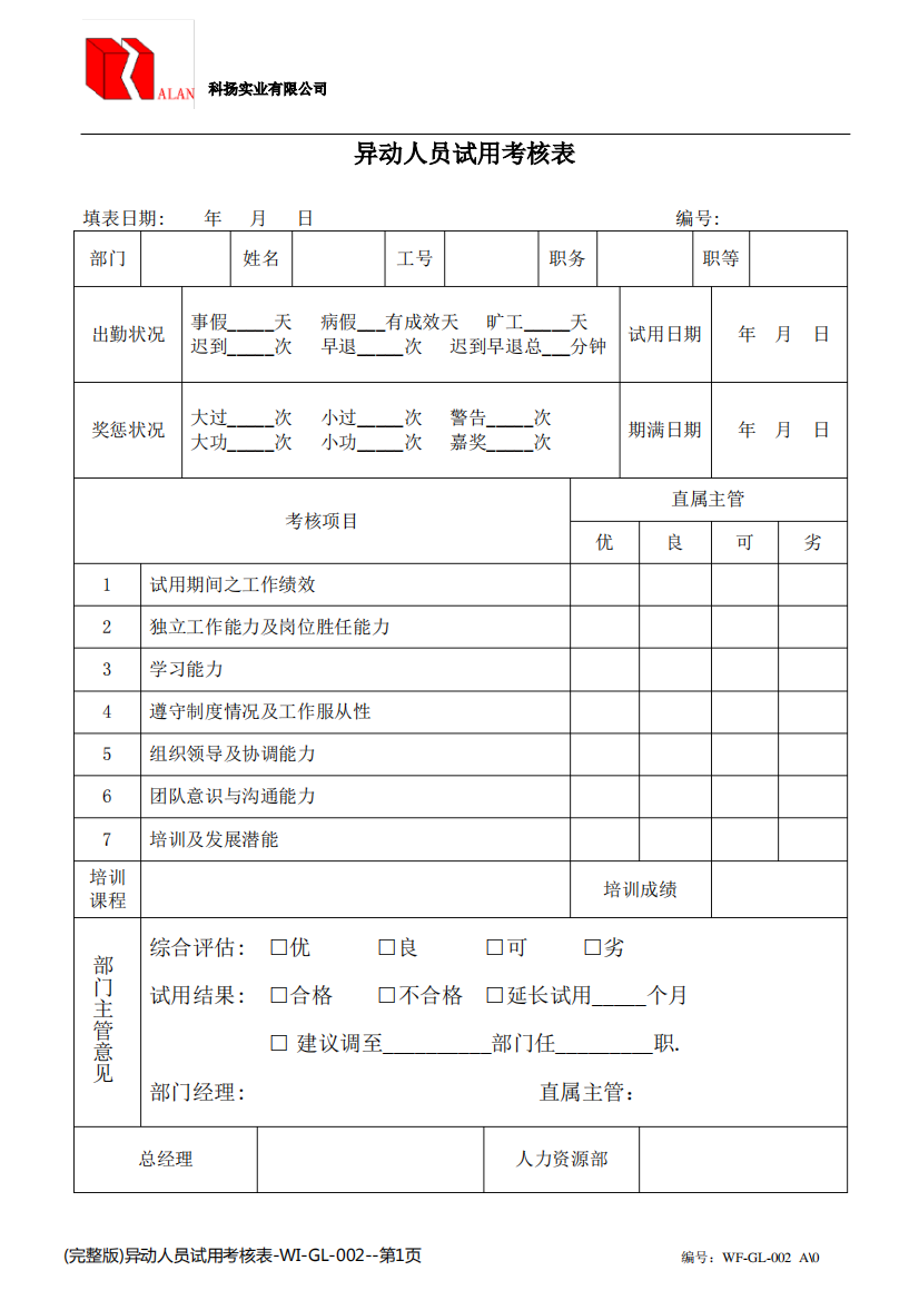 (完整版)异动人员试用考核表-WI-GL-002