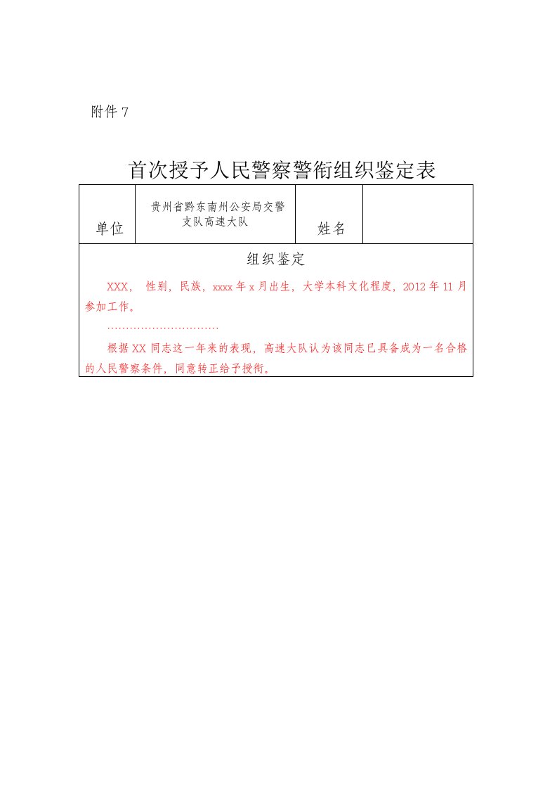 首次授予人民警察警衔组织鉴定表