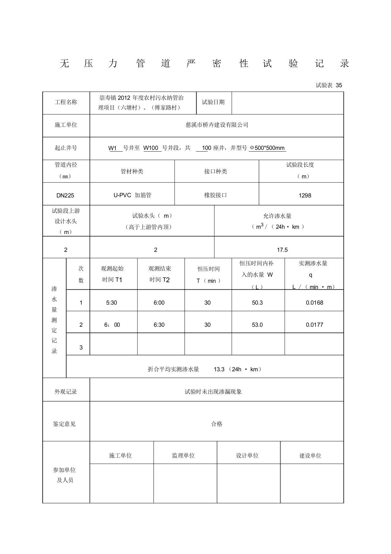 无压力管道严密性试验记录