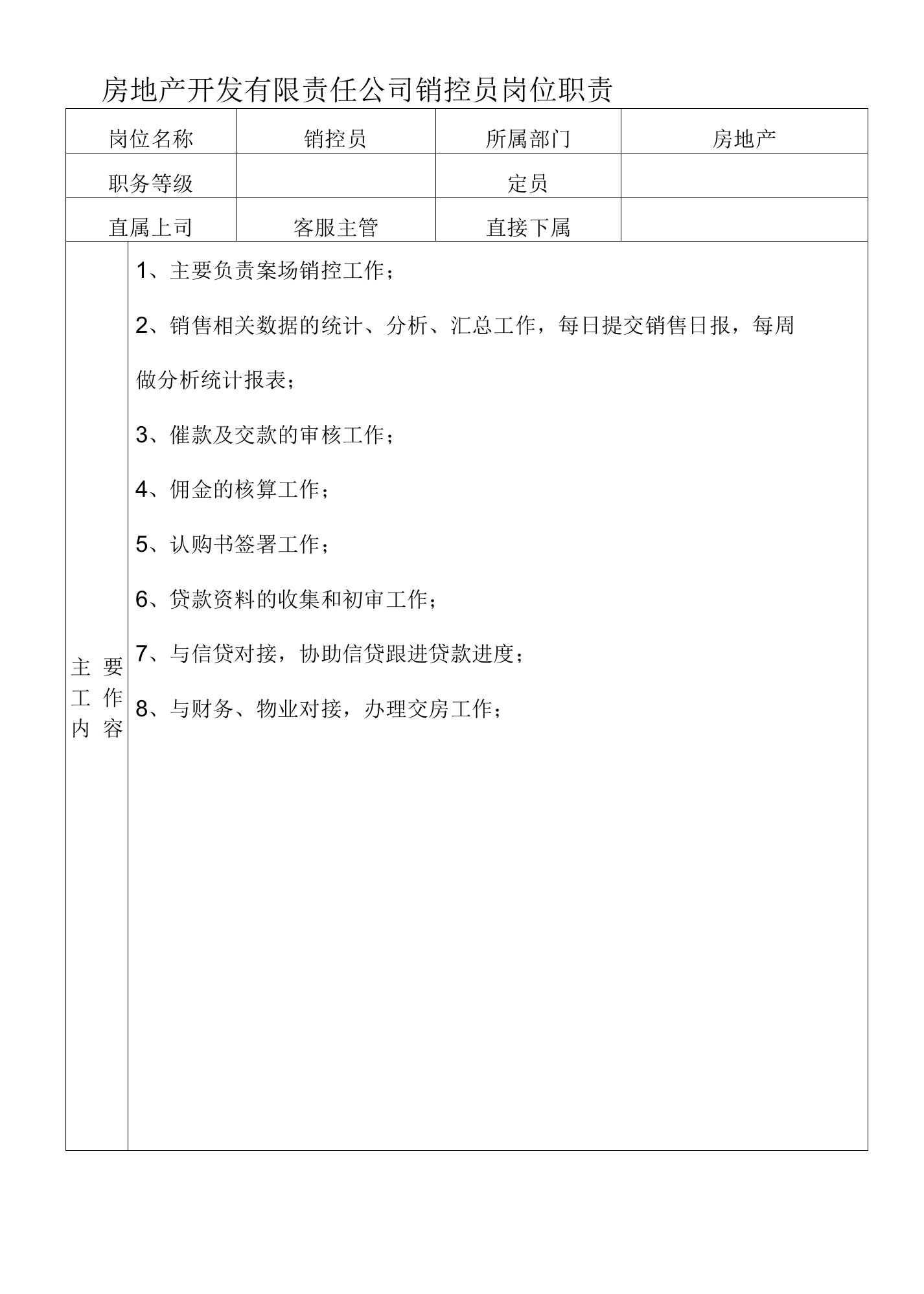 房地产开发有限责任公司销控员岗位职责