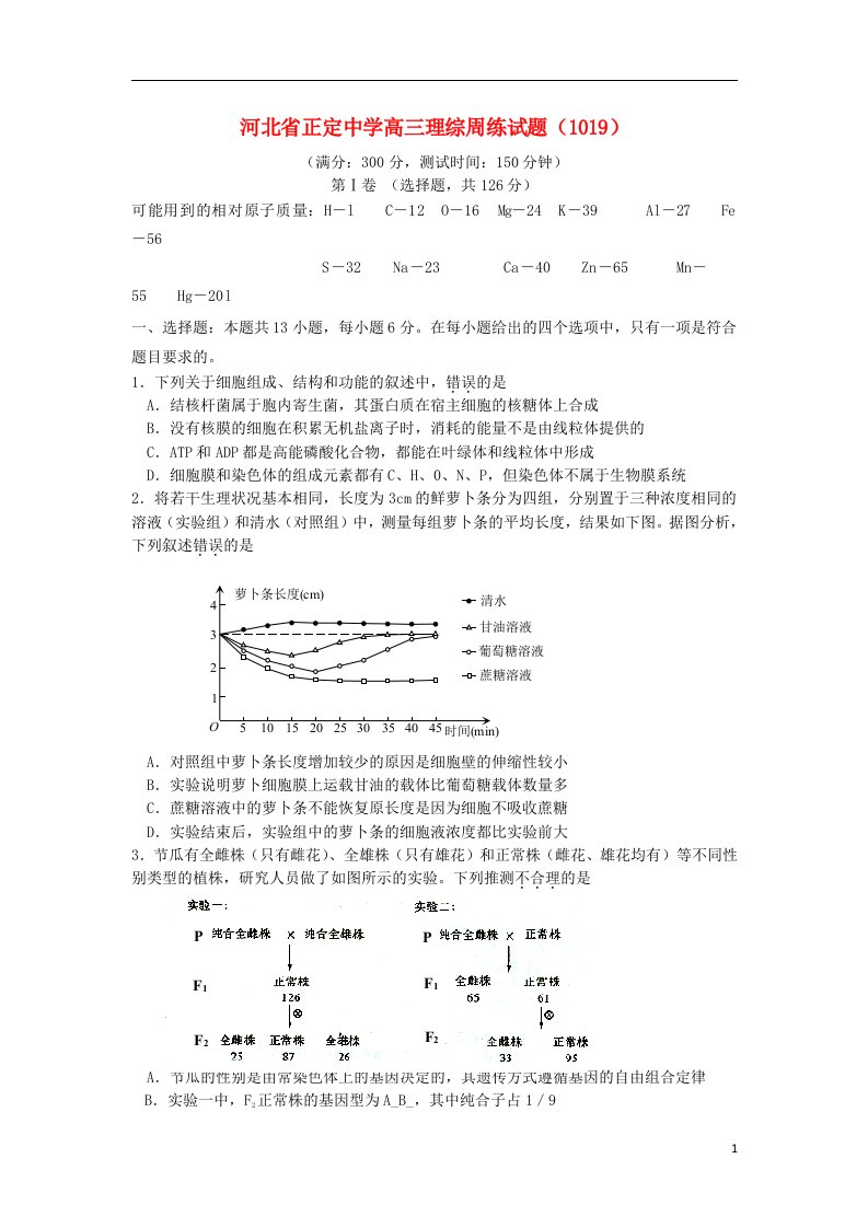 河北省正定中学高三理综周练试题（10.19）