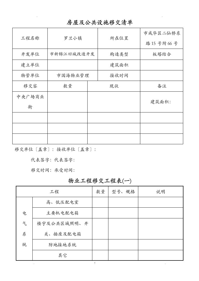 新老物业移交表格全套