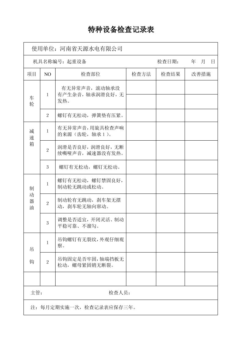 特种设备检查记录表