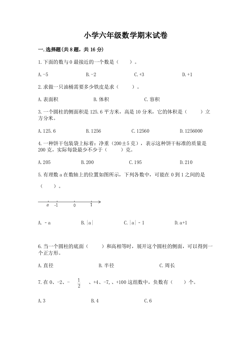 小学六年级数学期末试卷【考点精练】