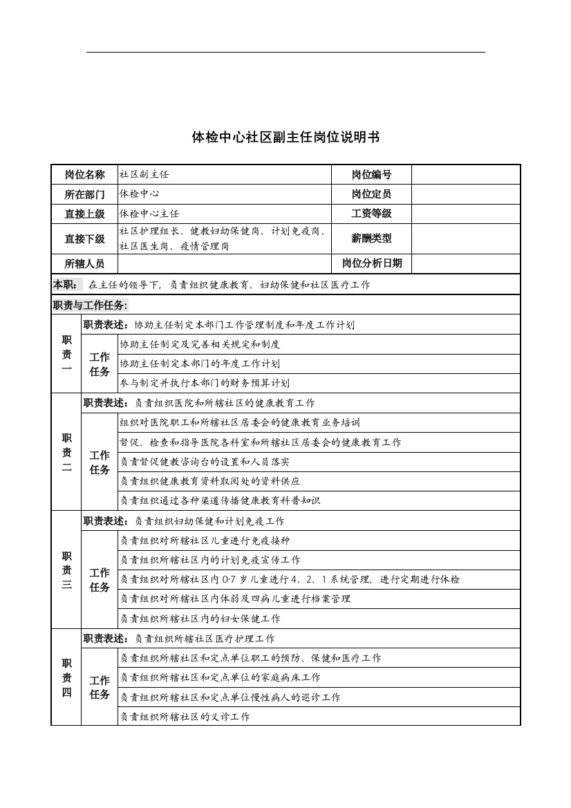 体检中心社区副主任岗位说明书