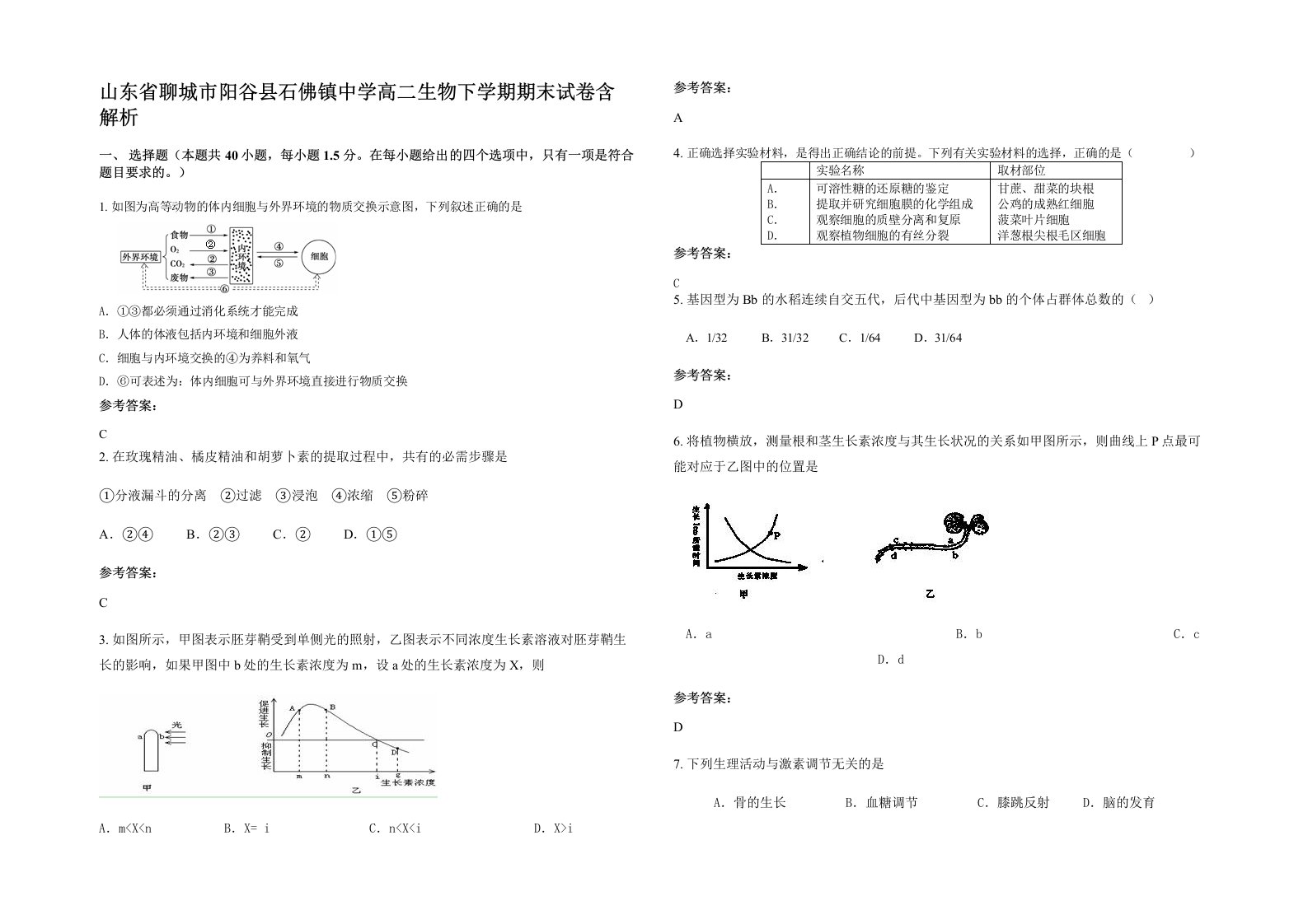 山东省聊城市阳谷县石佛镇中学高二生物下学期期末试卷含解析