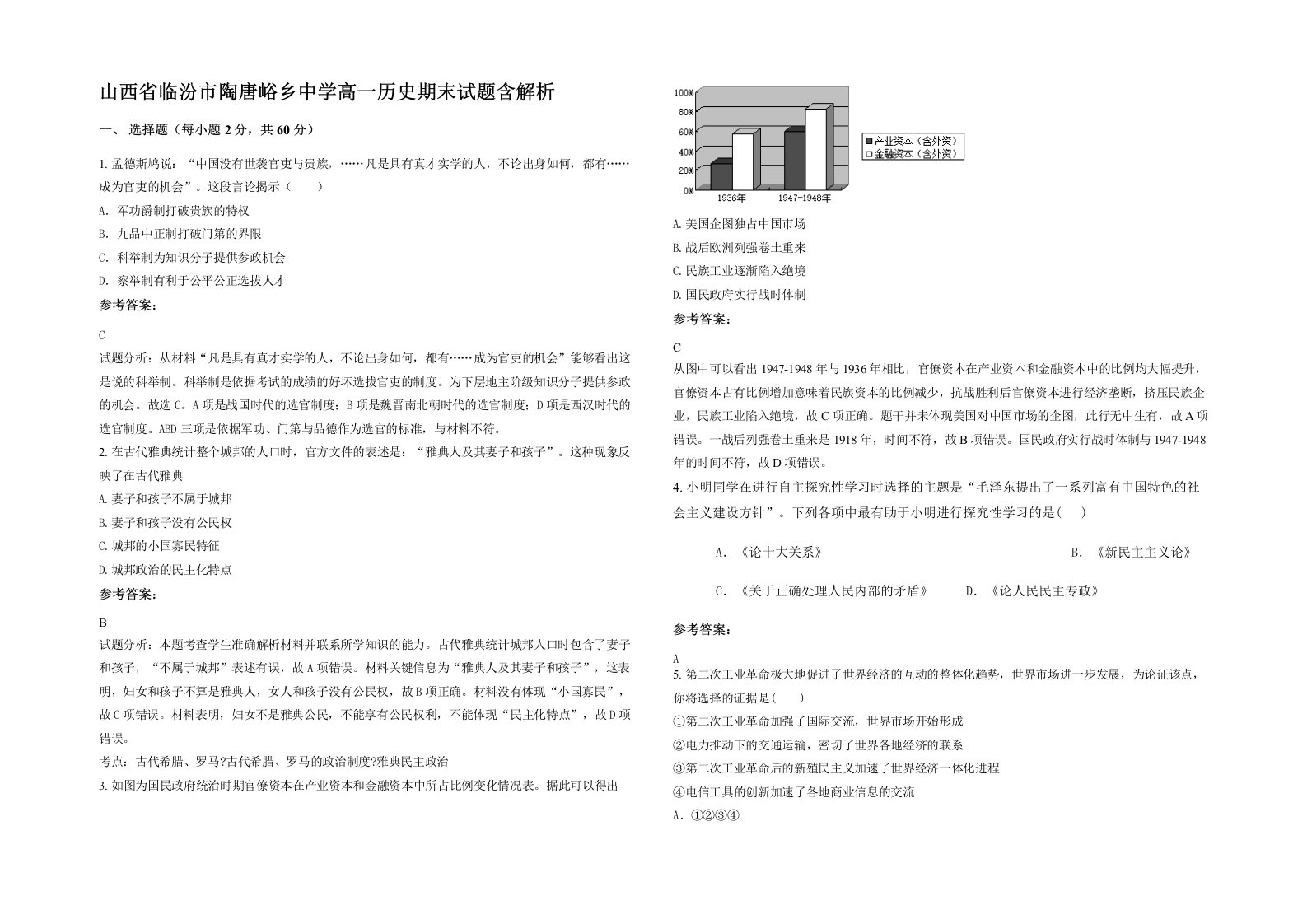 山西省临汾市陶唐峪乡中学高一历史期末试题含解析