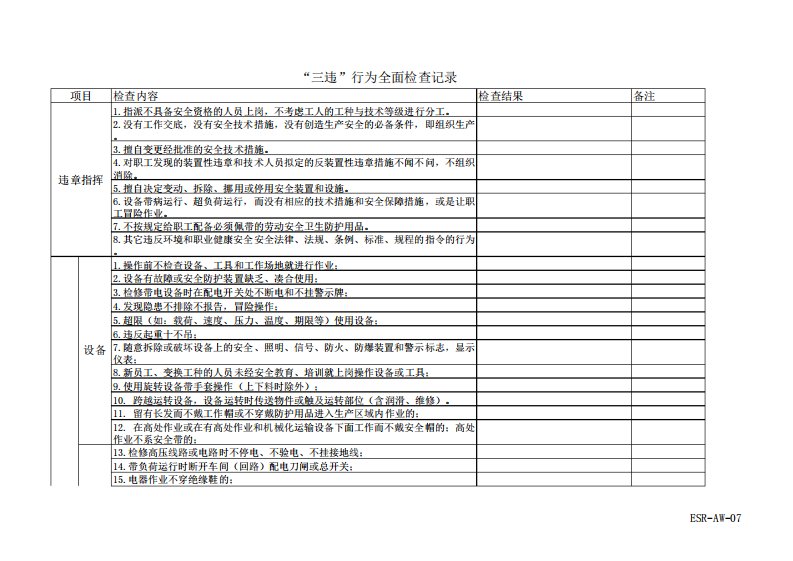 三违行为检查记录