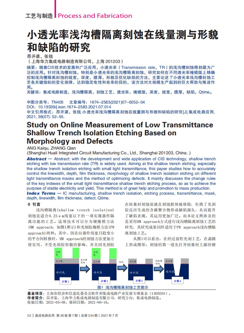 小透光率浅沟槽隔离刻蚀在线量测与形貌和缺陷的研究