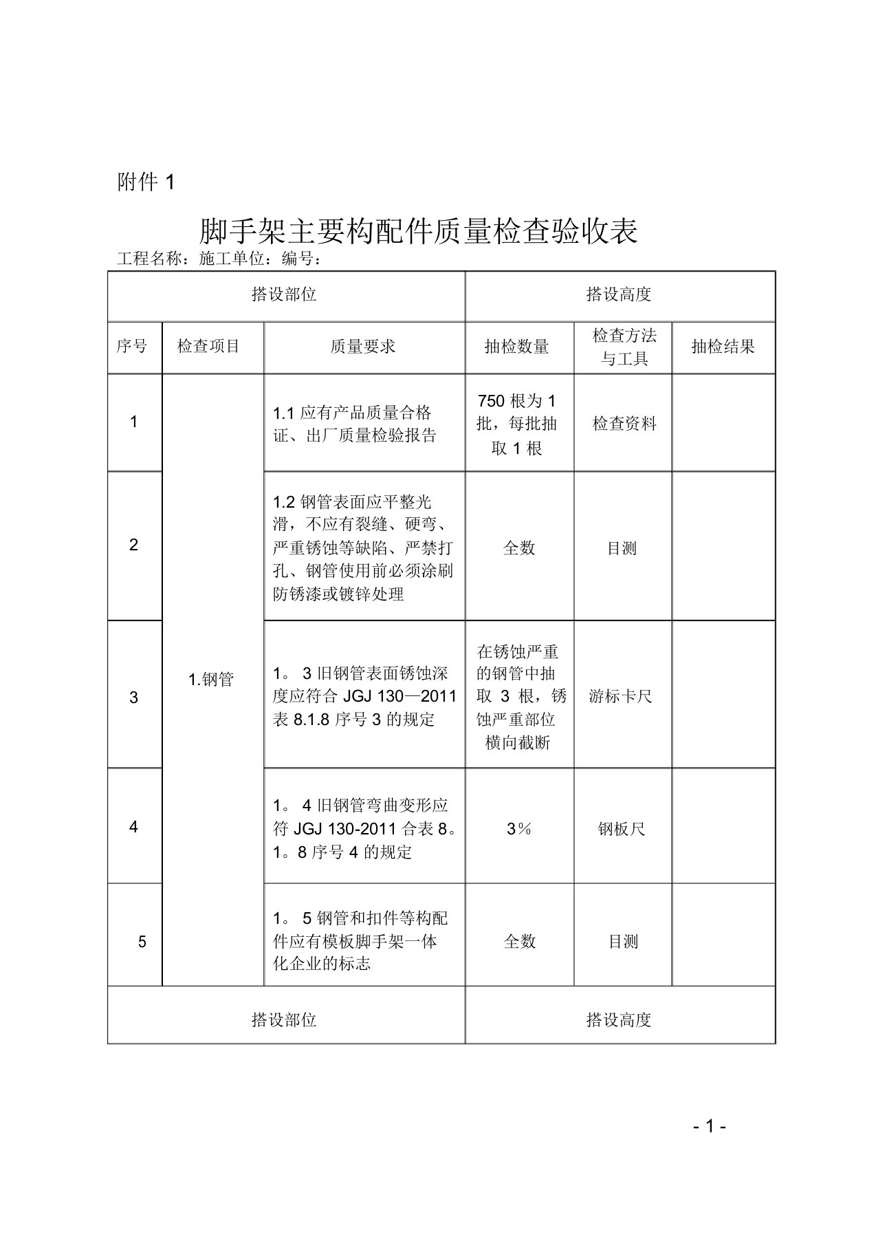 脚手架主要构配件质量检查验收表