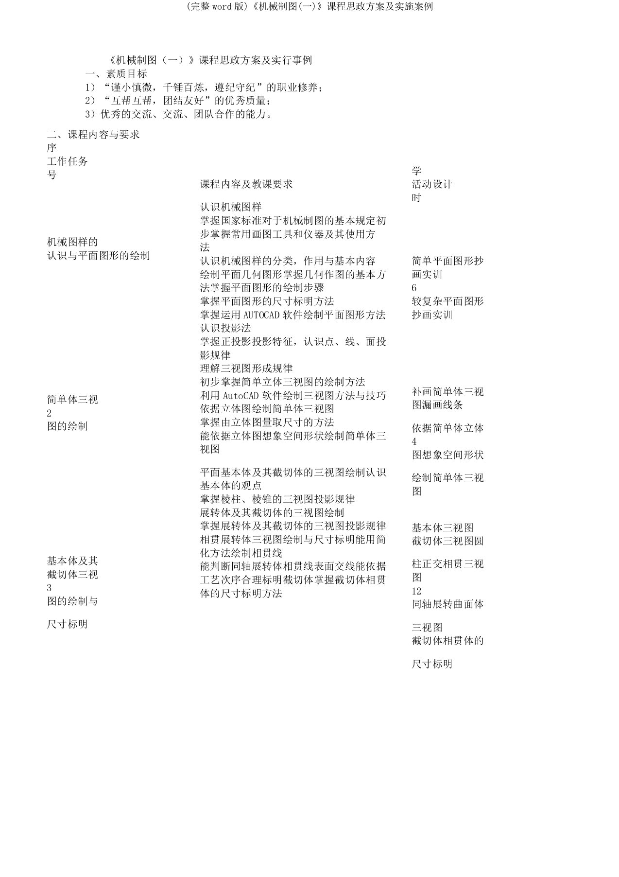 《机械制图(一)》课程思政方案及实施案例