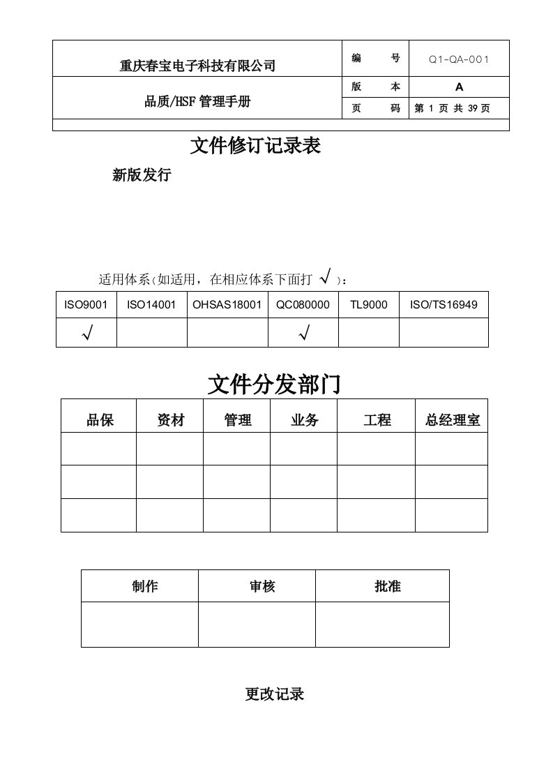 品质管理手册Q1QA-000