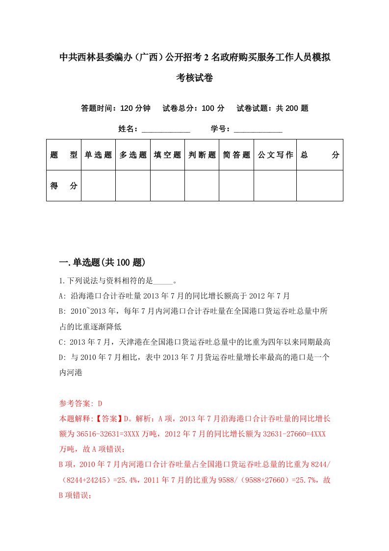 中共西林县委编办广西公开招考2名政府购买服务工作人员模拟考核试卷1