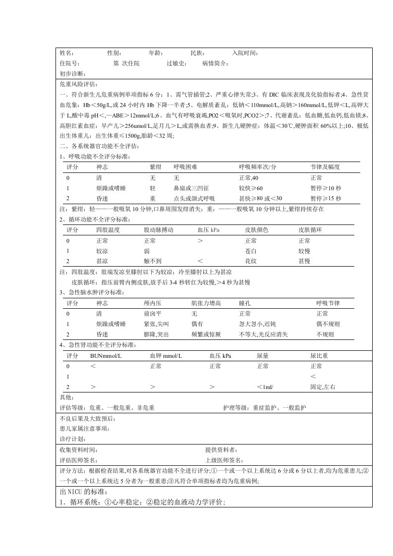 入NICU住院新生儿病情评估表及出NICU标准