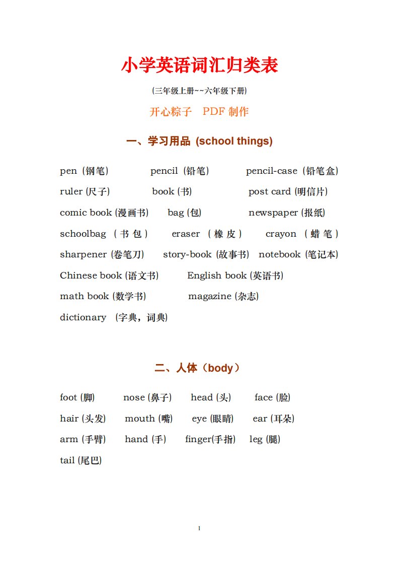 小学英语词汇归类表