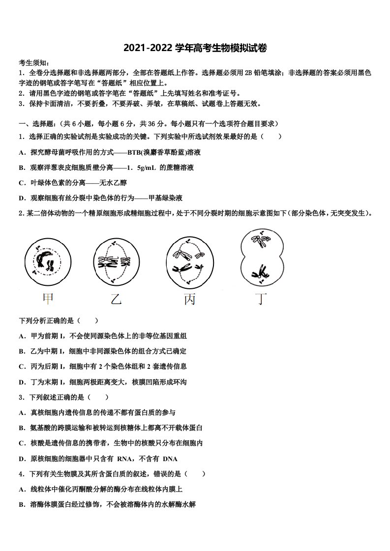 陕西省西安市第三中学2021-2022学年高三3月份模拟考试生物试题含解析