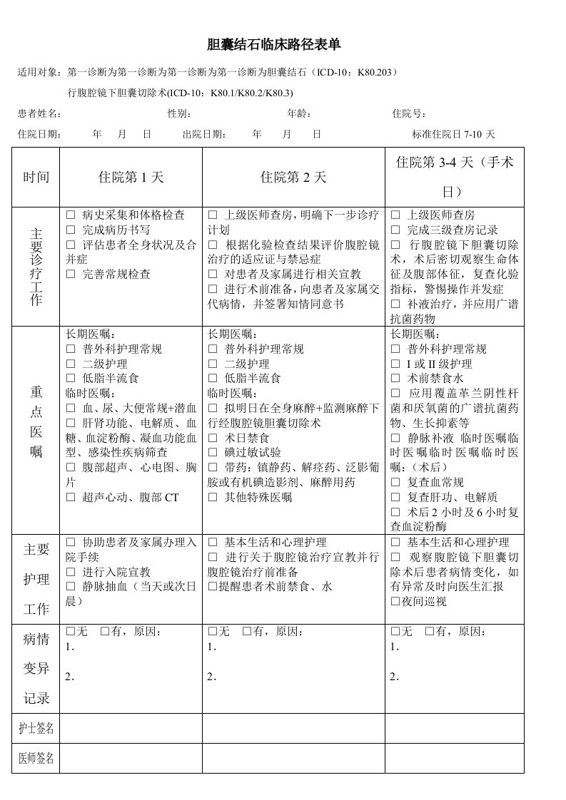 胆囊结石临床路径表