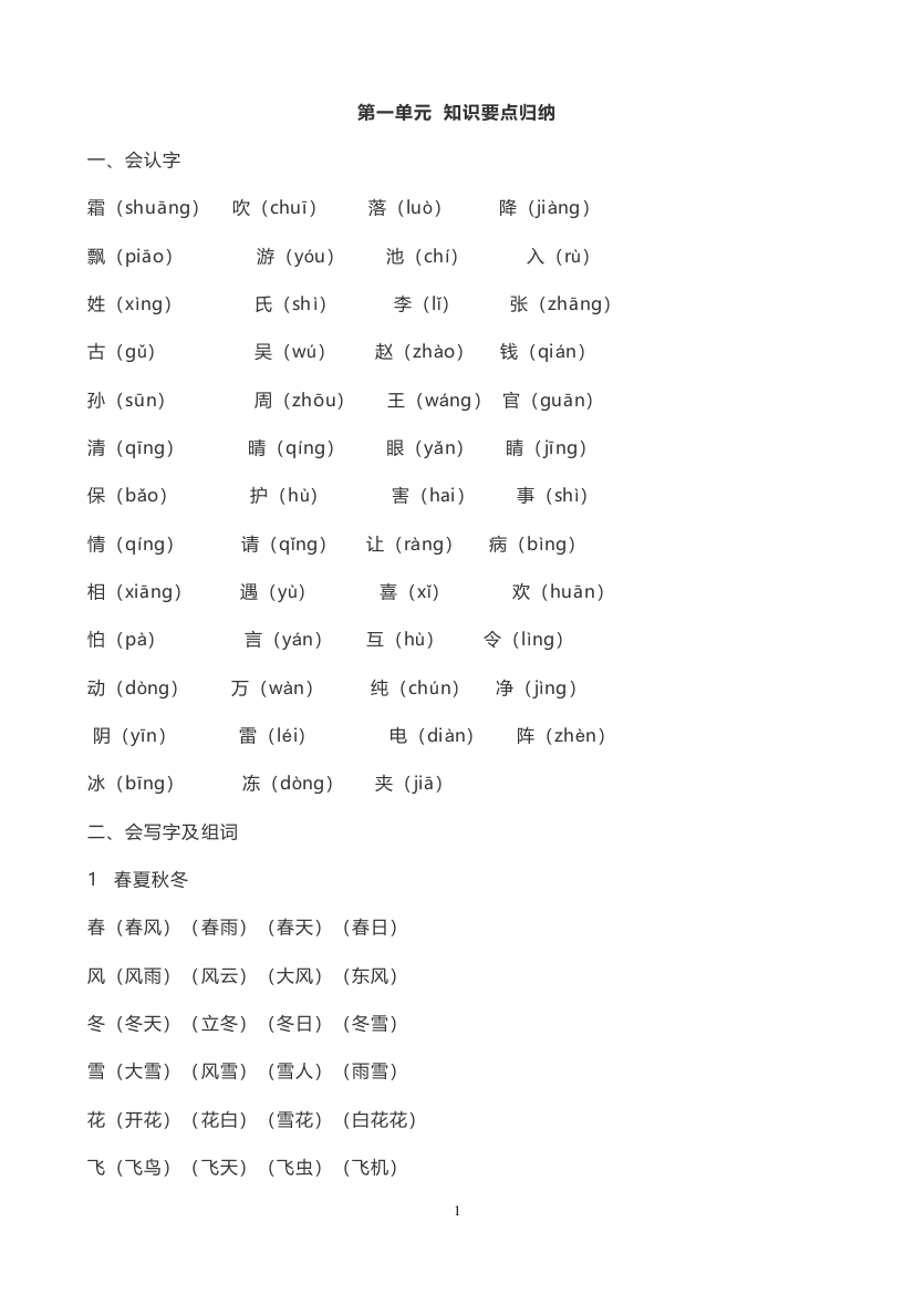 人教版语文一年级下册第一单元-基础知识点要点归纳