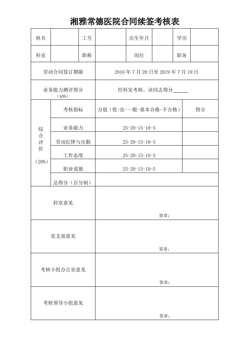 湘雅常德医院合同续签考核表