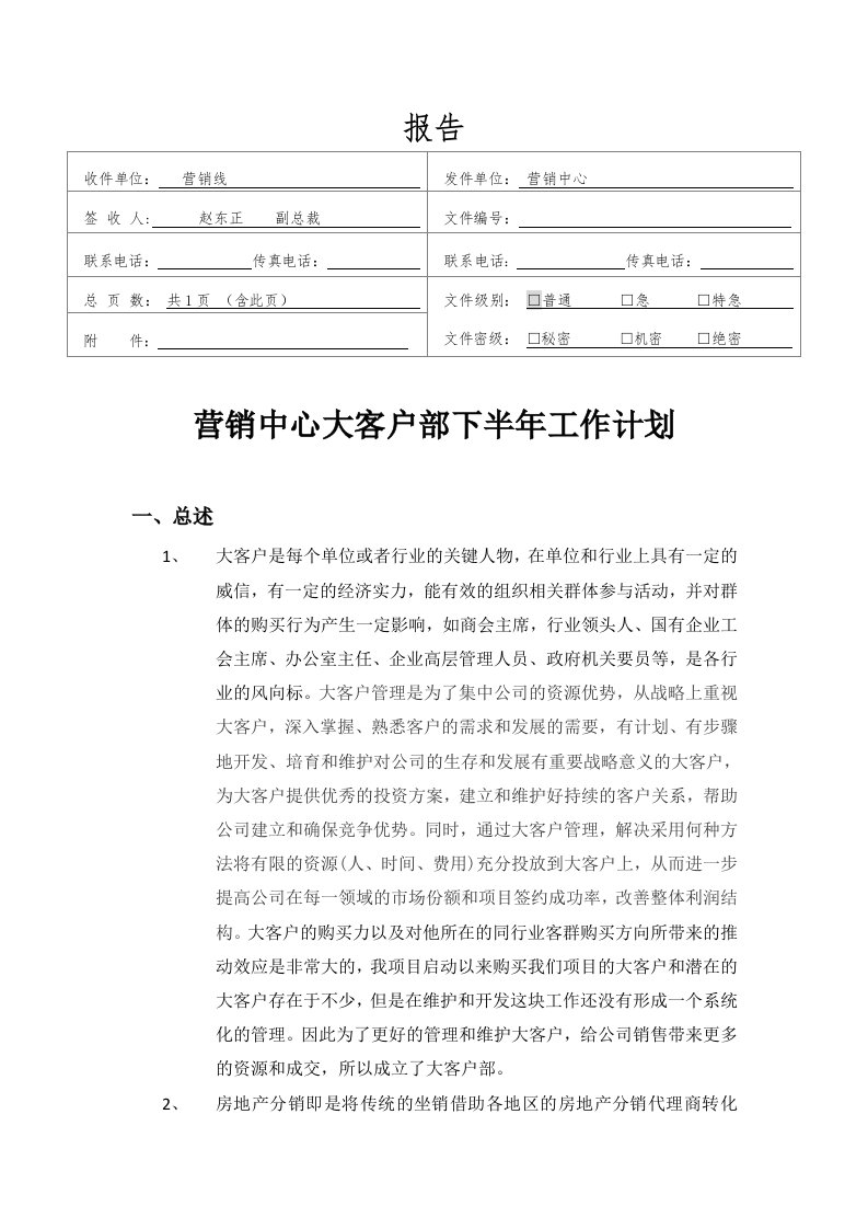 大客户部下半年工作计划