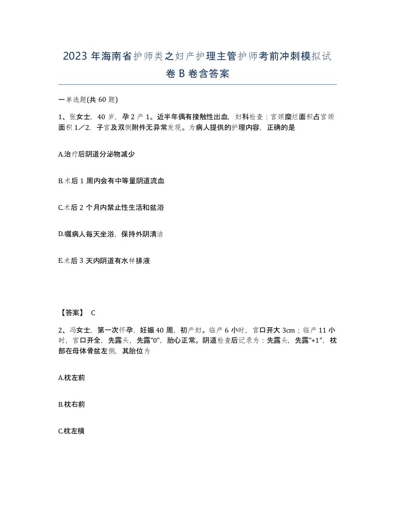 2023年海南省护师类之妇产护理主管护师考前冲刺模拟试卷B卷含答案