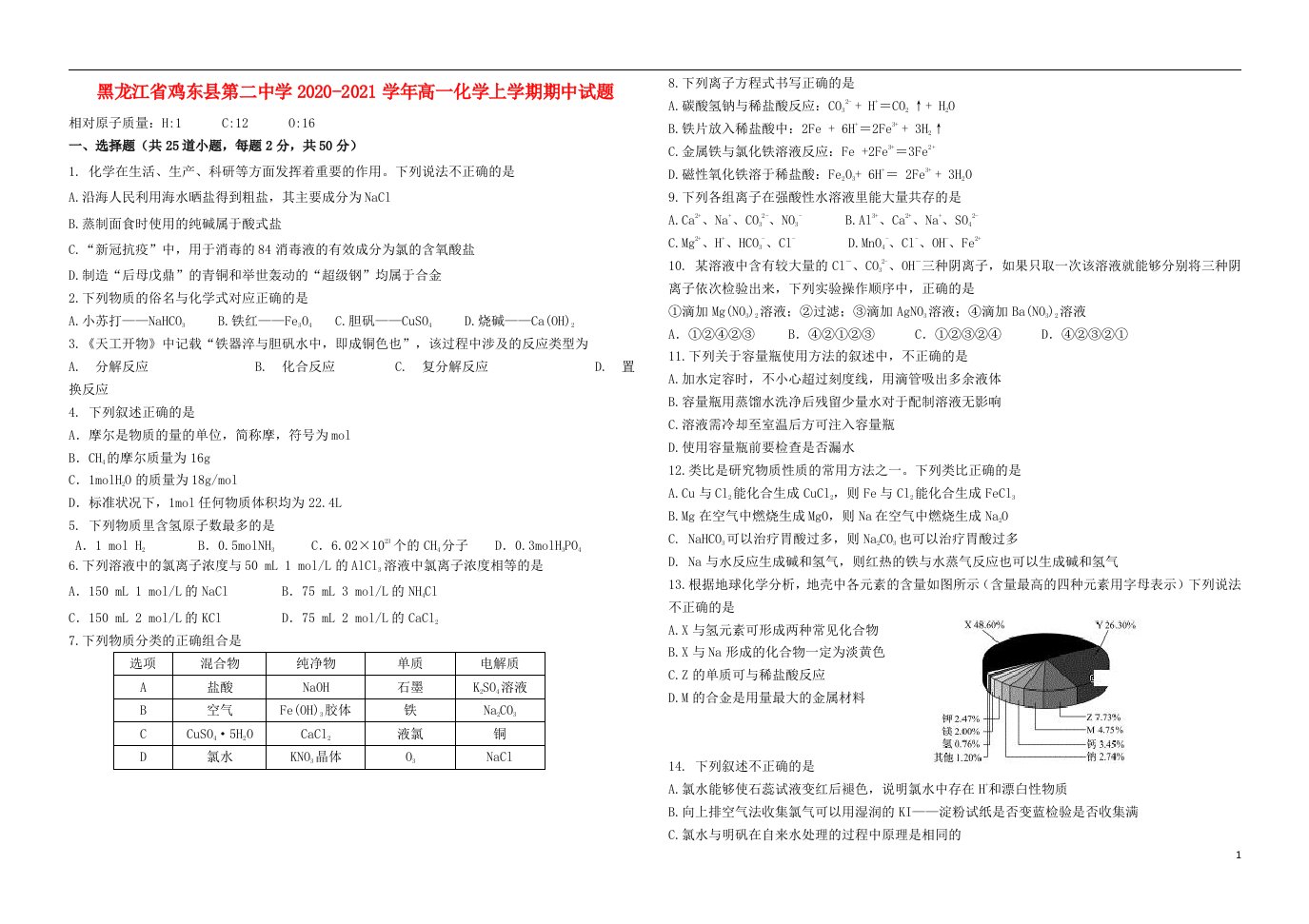 黑龙江省鸡东县第二中学2020_2021学年高一化学上学期期中试题