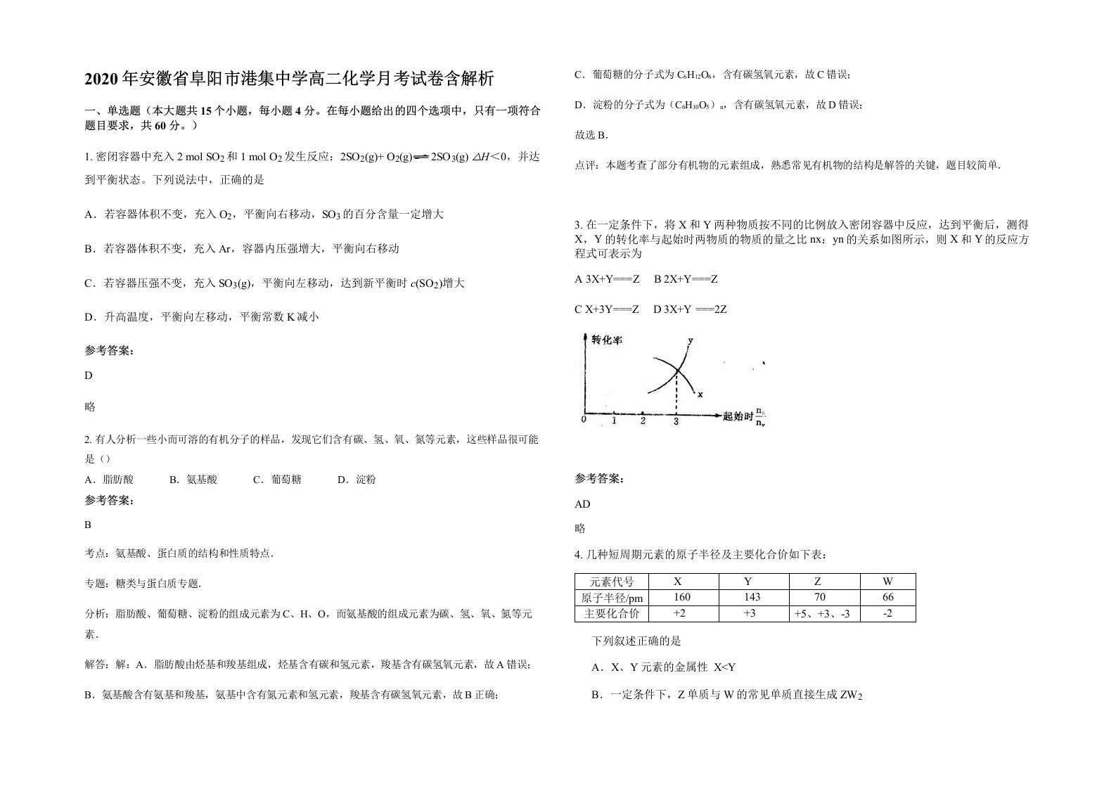 2020年安徽省阜阳市港集中学高二化学月考试卷含解析