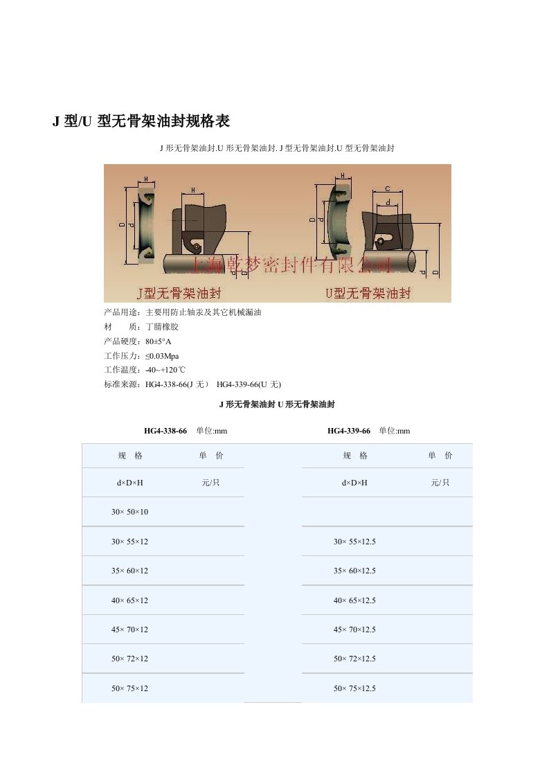 J型U型无骨架油封规格表