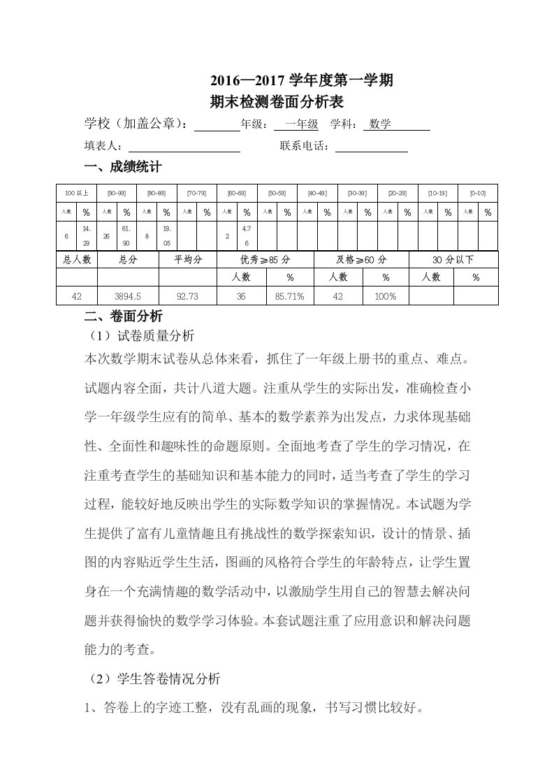 一年级上册期末数学卷面分析