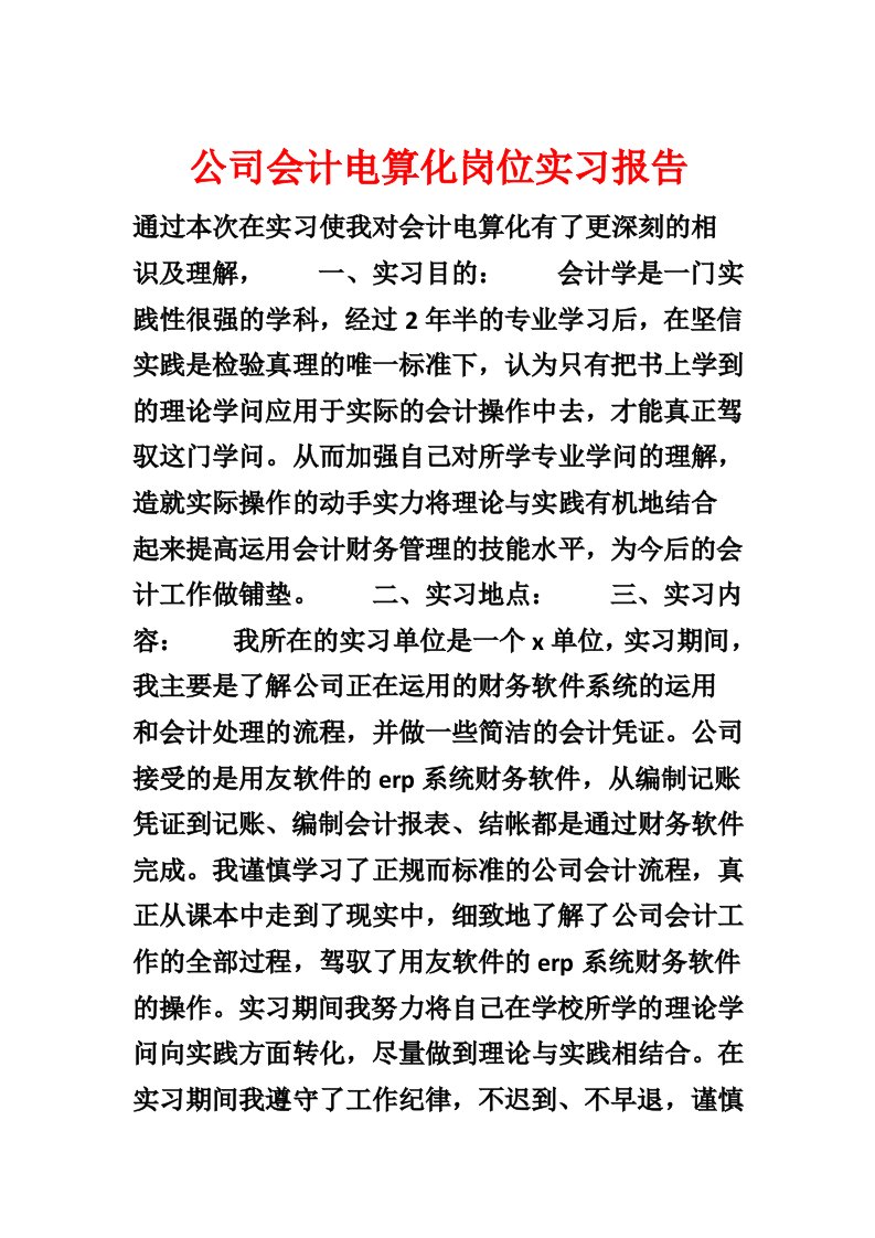 公司会计电算化岗位实习报告