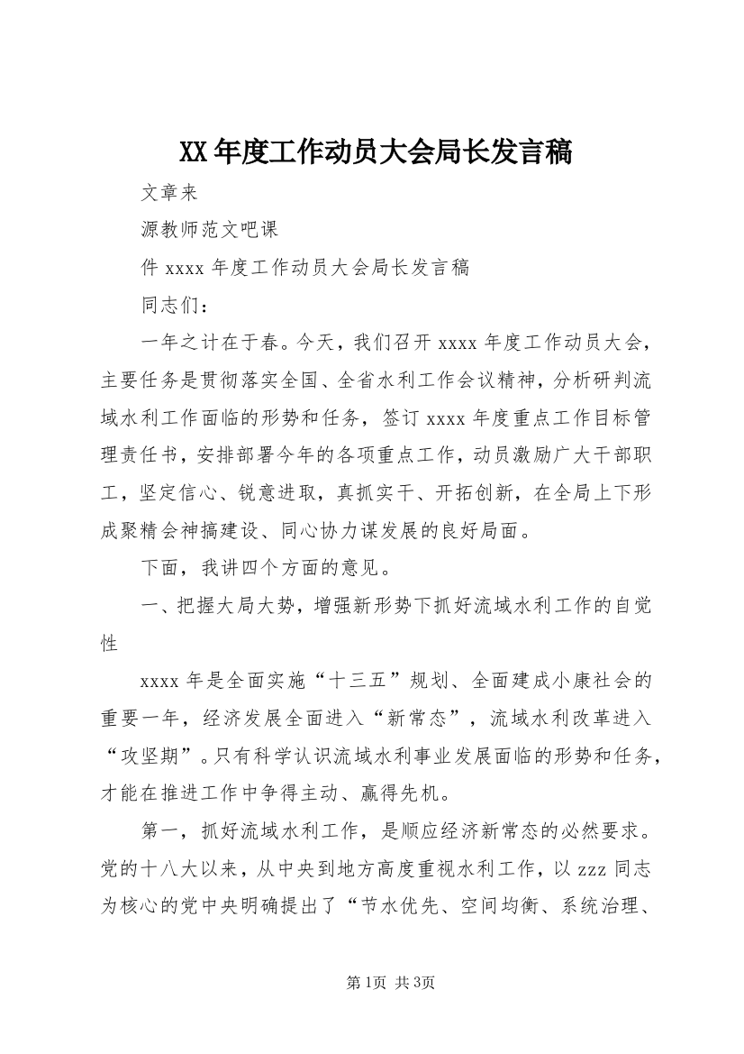 XX年度工作动员大会局长发言稿