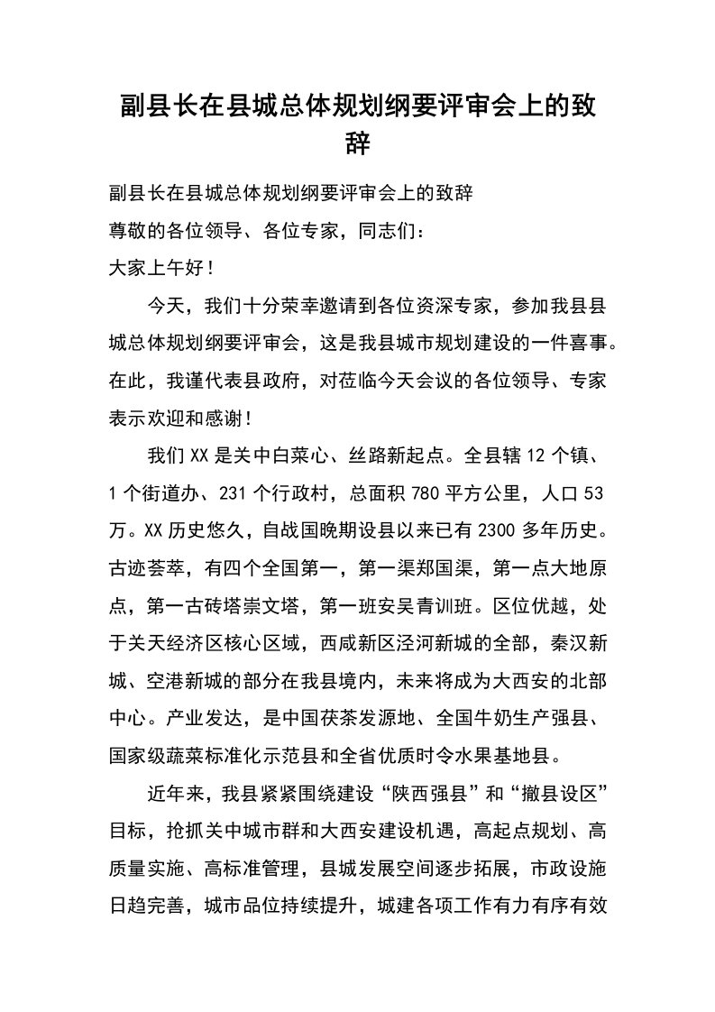 副县长在县城总体规划纲要评审会上的致辞