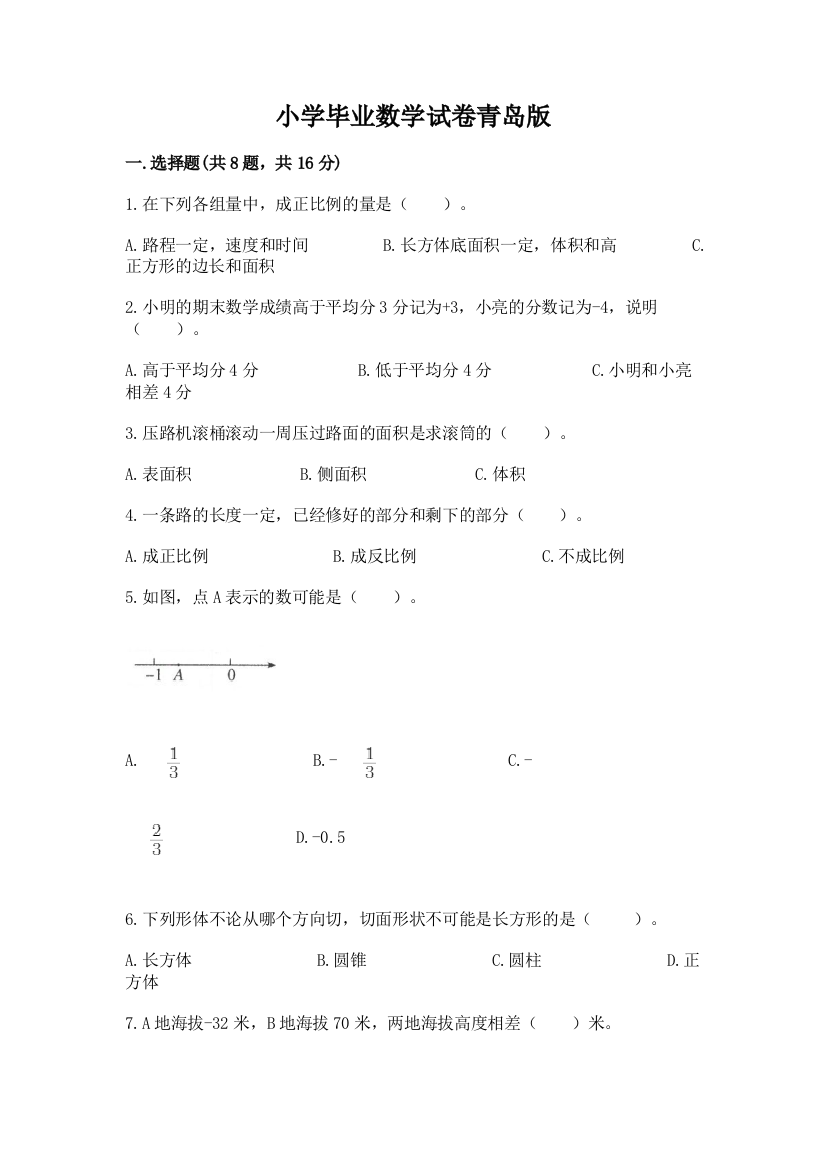 小学毕业数学试卷青岛版（夺分金卷）