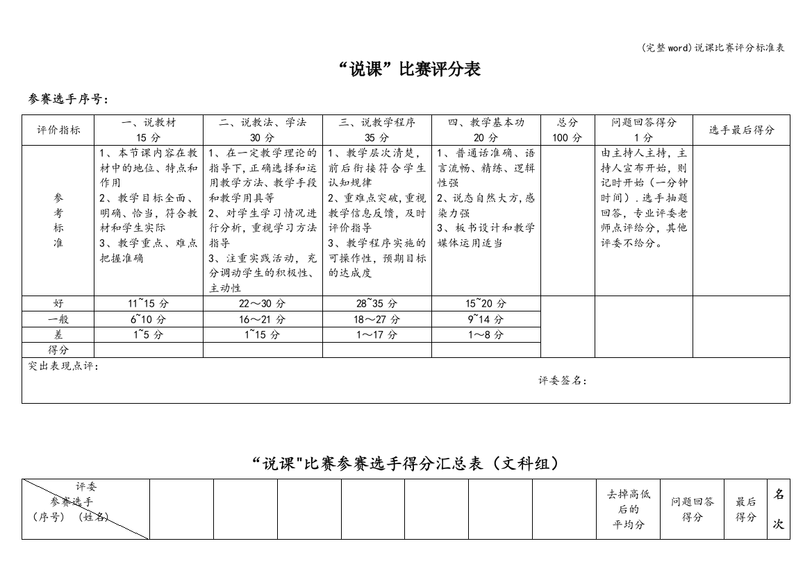 说课比赛评分标准表