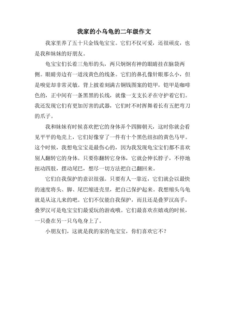 我家的小乌龟的二年级作文