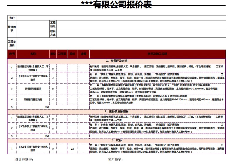 装修工程预算报价表范本(超实用)1