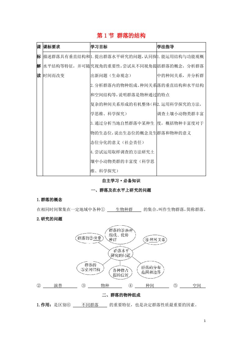 2022版新教材高中生物第2章群落及其演替第1节群落的结构学案新人教版选择性必修第二册