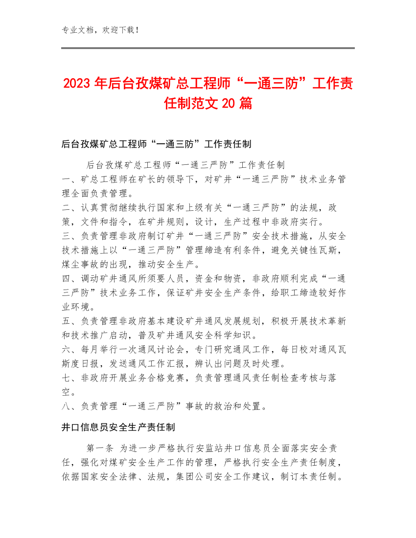 2023年后台孜煤矿总工程师“一通三防”工作责任制范文20篇