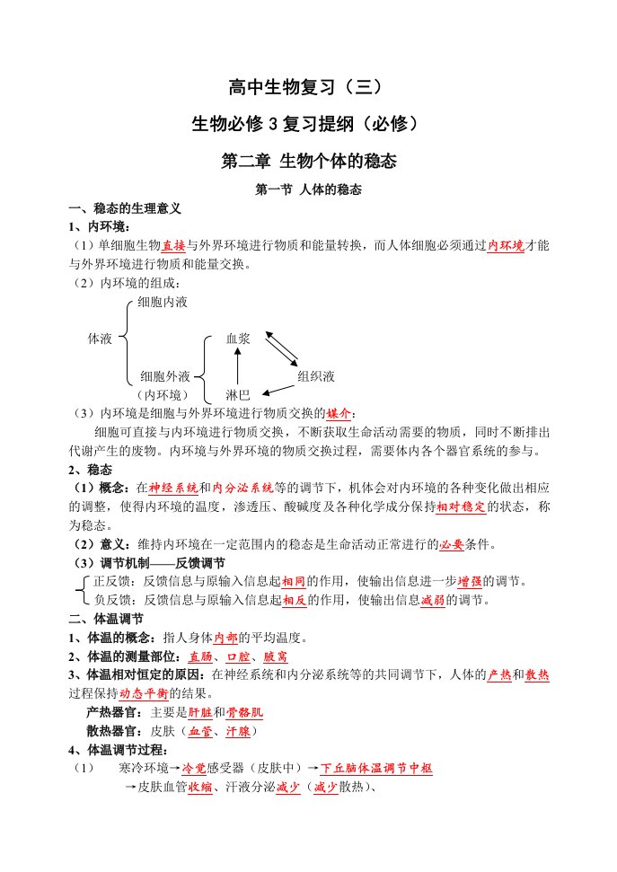 高中生物必修三复习知识点精要