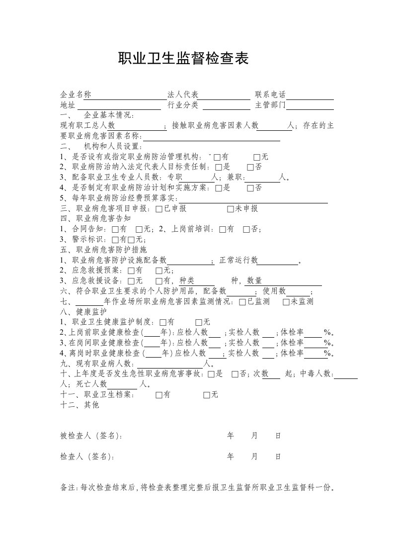 职业卫生监督检查表