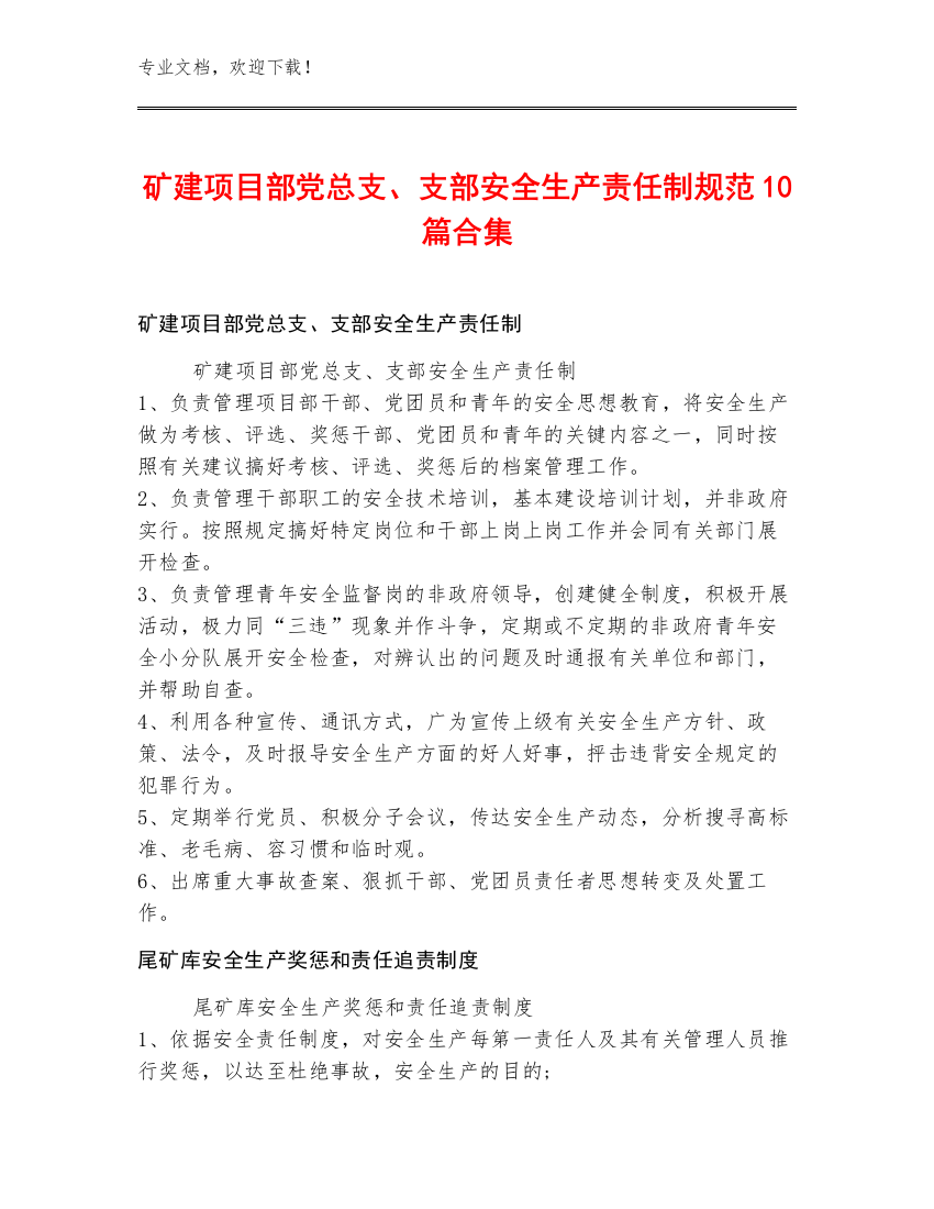 矿建项目部党总支、支部安全生产责任制规范10篇合集