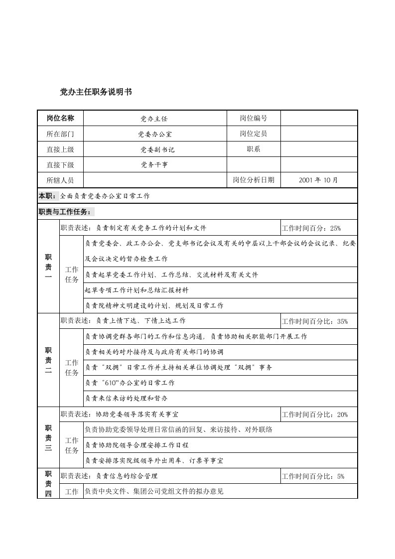 航材院党办主任职务说明书