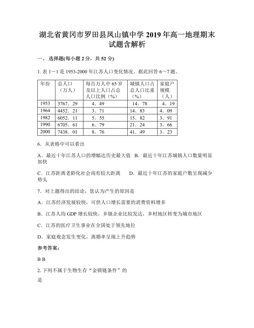 湖北省黄冈市罗田县凤山镇中学2019年高一地理期末试题含解析