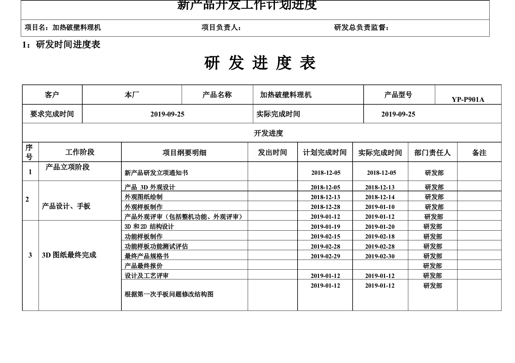 新产品开发进度表