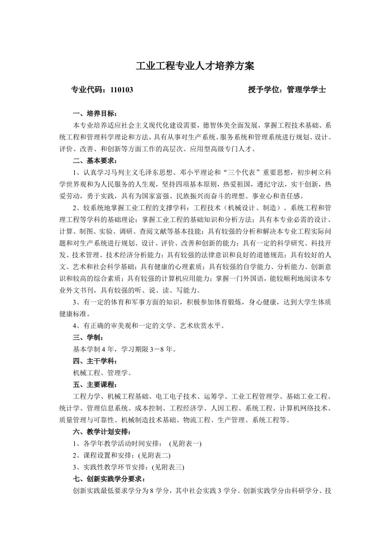 精选工业工程专业人才培养方案