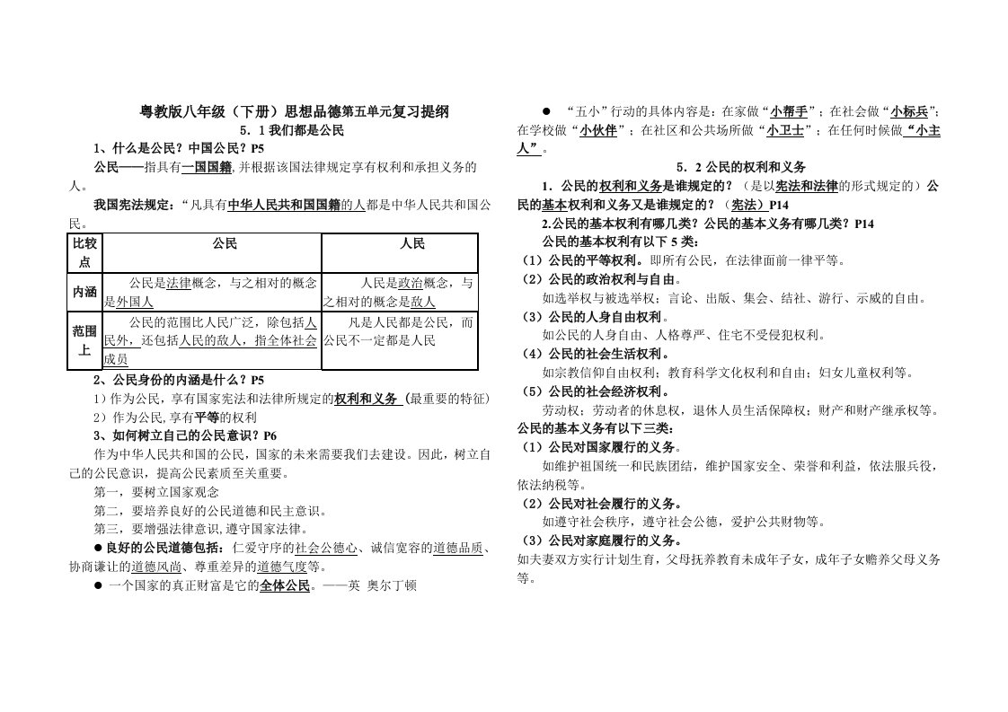 2014新教材粤教版八年级思想品德(下册)第五单元复习提纲