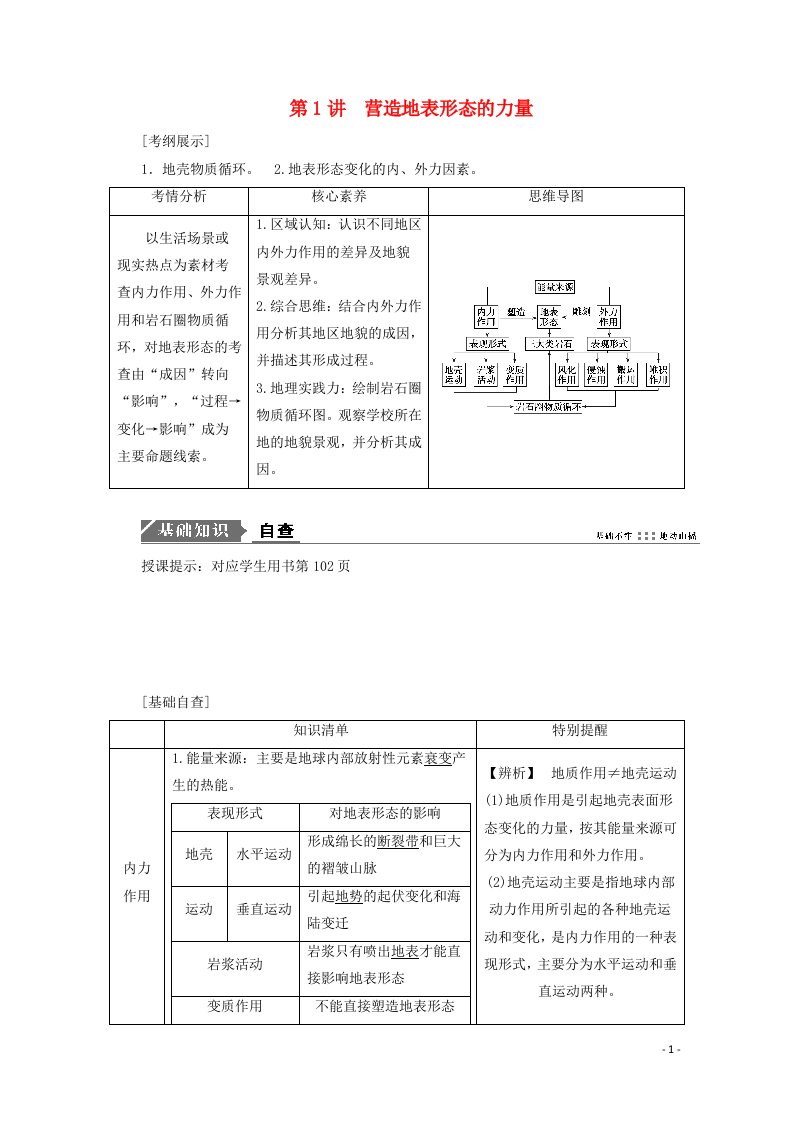 2021届高考地理一轮复习第五章地表形态的塑造第1讲营造地表形态的力量教案新人教版